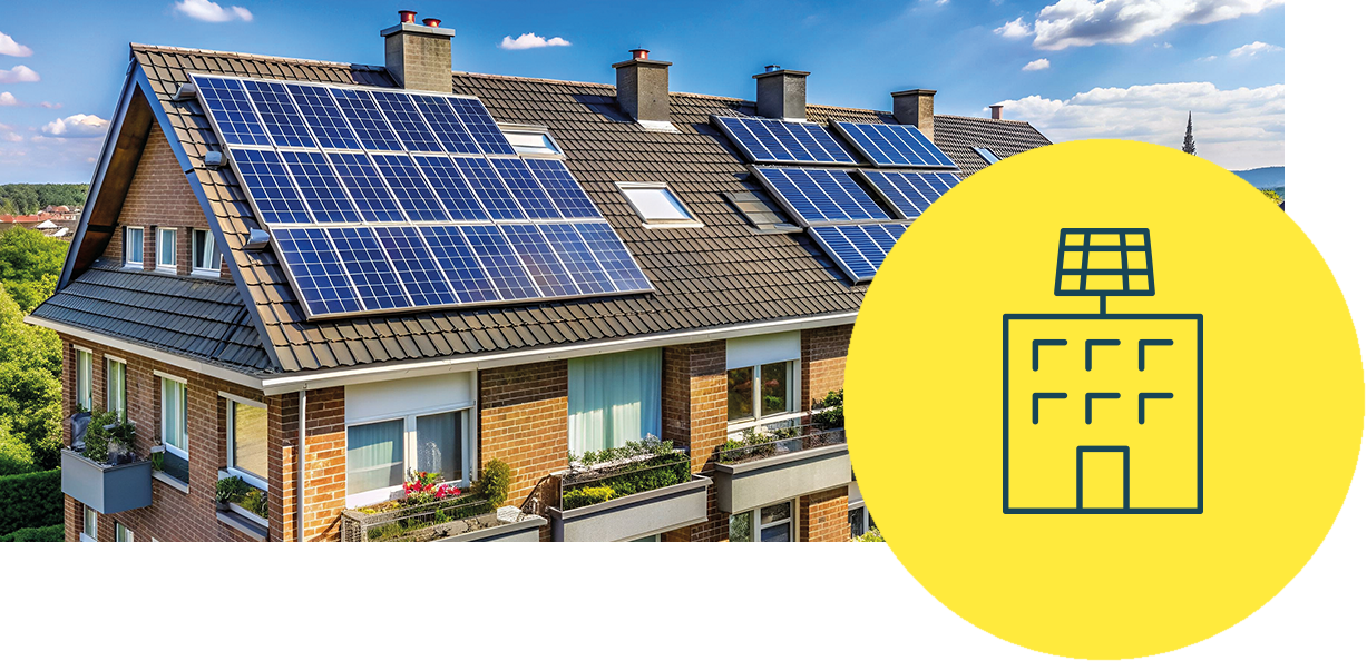 Mietshaus mit Photovoltaik darauf und Icon